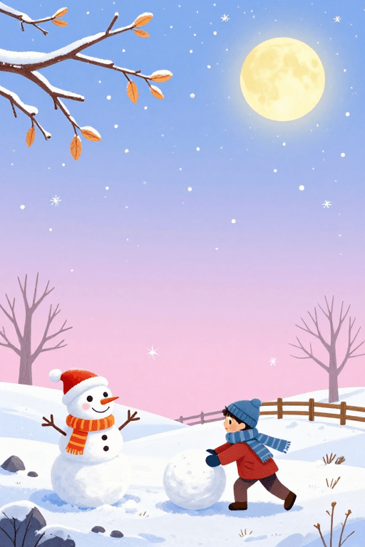 梦幻渐变素材：冬日雪景梦幻插画：满月下的温馨童话