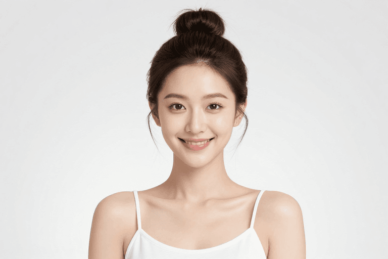 亚洲女性肖像素材：亚洲女性微笑裸妆写真，柔光光影与纯白背景的完美融合