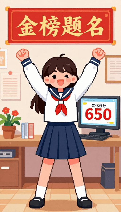 庆祝海报素材：像素风升学喜悦：少女喜报冲刺梦想
