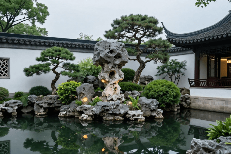 传统建筑素材：古韵江南：中式庭院假山倒影光影摄影