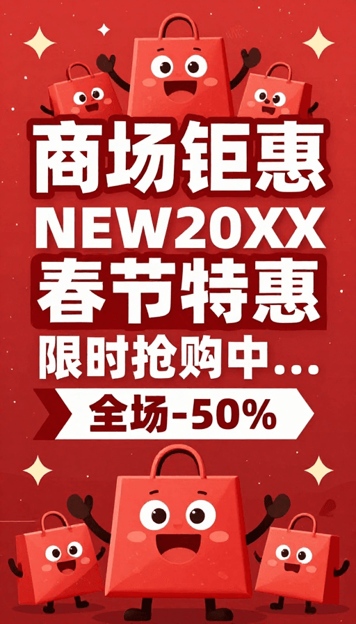 春节促销素材：春节狂欢购，商场钜惠限时特惠大促