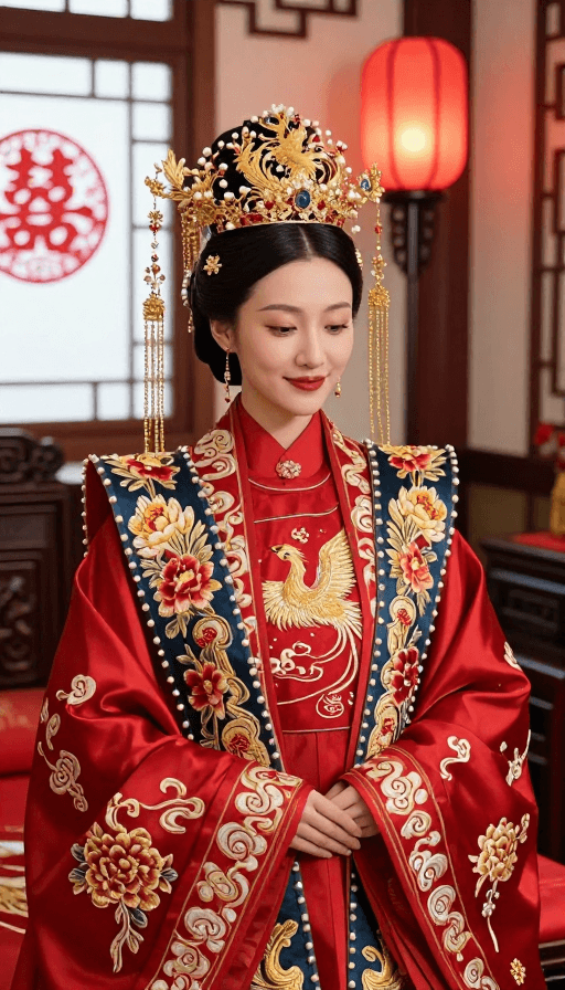 古风摄影素材：红金凤冠牡丹新娘中式婚礼特写