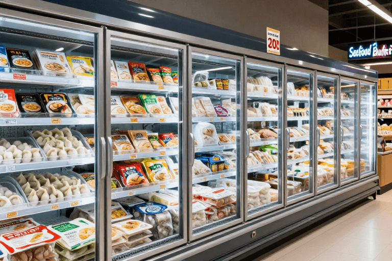 超市陈列素材：超市冷冻食品区全景展示：高清冷柜陈列与促销标识细节