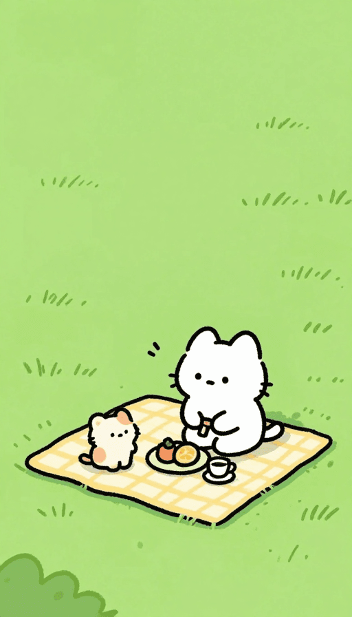 简笔画艺术素材：宫崎骏风手绘：白猫小花猫草地野餐的治愈瞬间