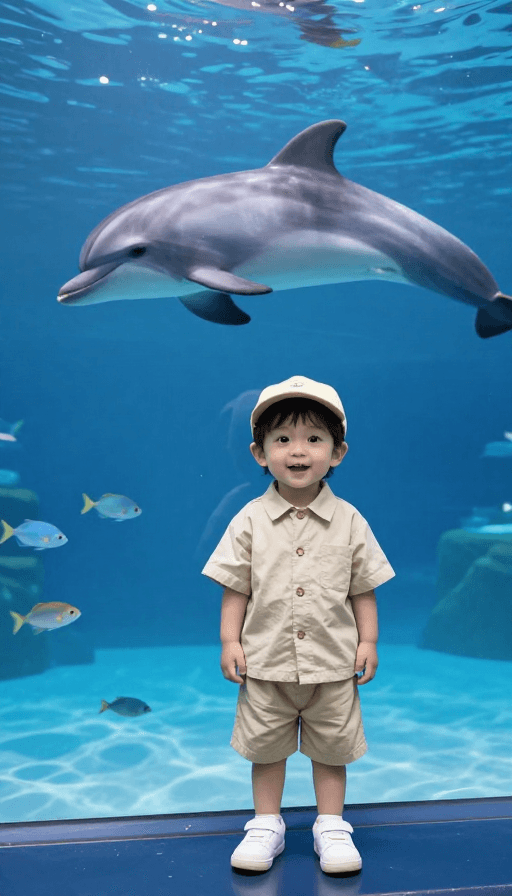 温馨插画素材：温暖海豚男孩：海洋馆里的Q萌瞬间