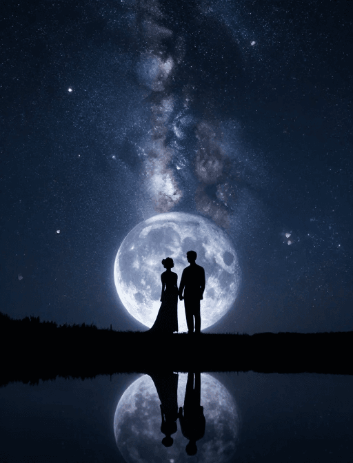 七夕海报素材：宇宙星河下，牛郎织女背影与爱心星辉映浪漫