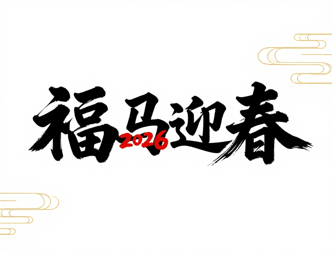 中国传统素材：浓墨书法2026新春贺词：福马迎春