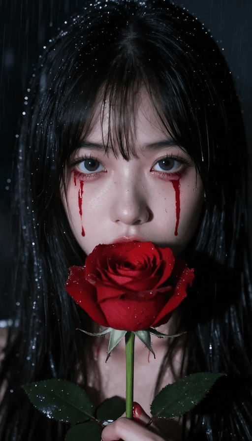暗黑风格素材：雨夜黑幕下，红玫瑰与凝视之眸