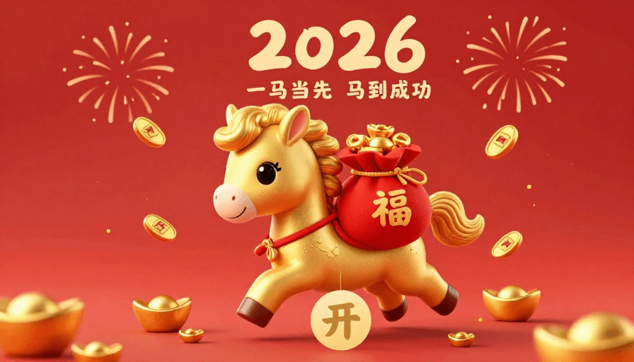 烟花背景素材：Q版金马迎福袋2026新年财富海报