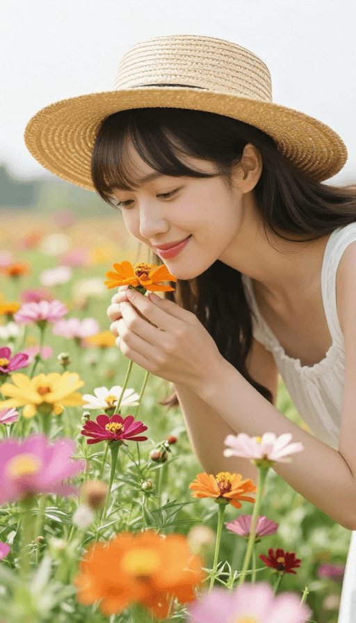 生活记录素材：少女花海中俯身嗅香，清新田园风光
