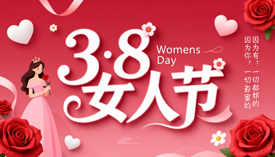 艺术字设计素材：浪漫玫红3·8妇女节艺术字海报设计