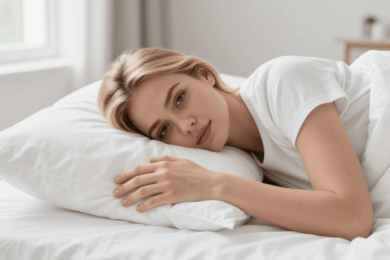 金发女性素材：晨间柔光下的静谧安眠时刻