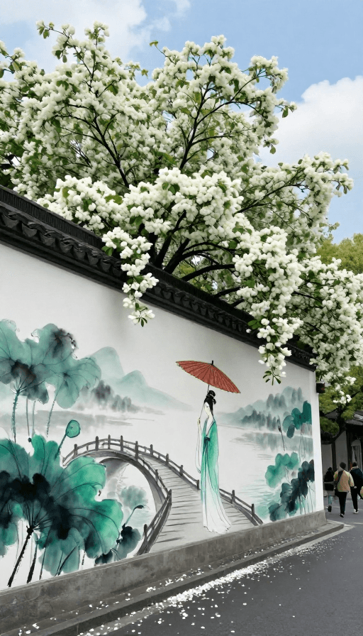 传统文化素材：林风眠式城墙水墨壁画：白蛇传断桥相会