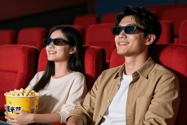 3D电影体验素材：情侣影院观影时刻：沉浸3D电影与甜蜜暖光