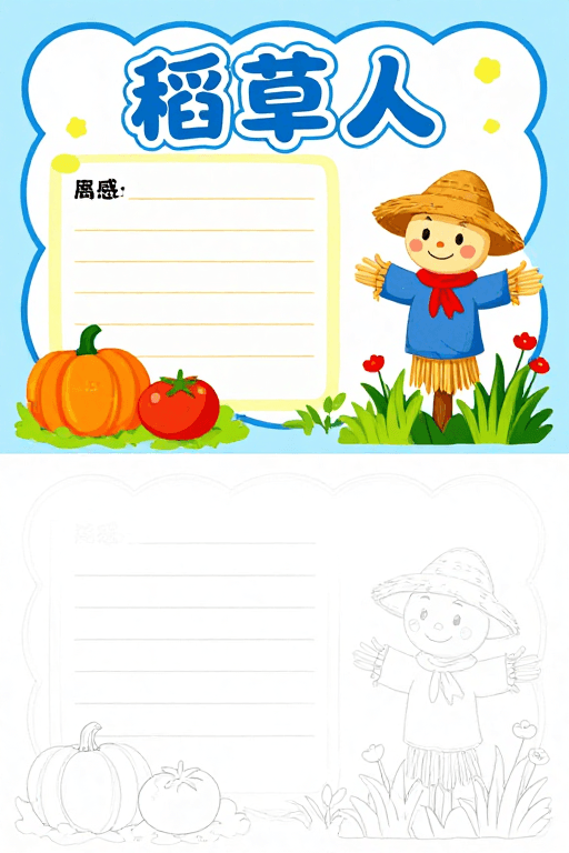 插画风素材：童趣手绘‘稻草人’手抄报设计图