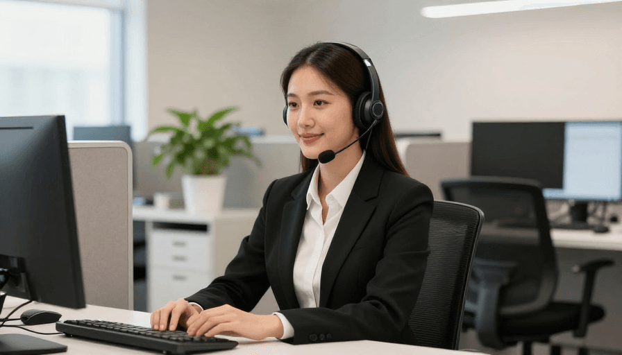 现代办公素材：现代办公室中的专业亚洲女性客服微笑工作