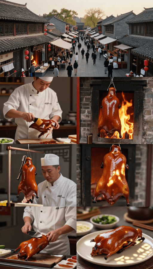 传统中式美食素材：传统中式烤鸭制作：古朴烟火中的匠心传承