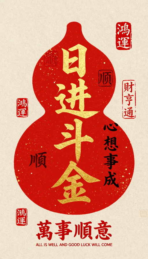 文化融合素材：国潮风吉祥图文·日进斗金与万事顺意书法设计