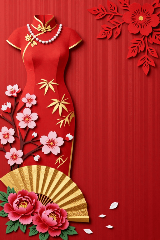 工笔插画素材：红韵剪影：非遗艺术旗袍与节庆元素融合