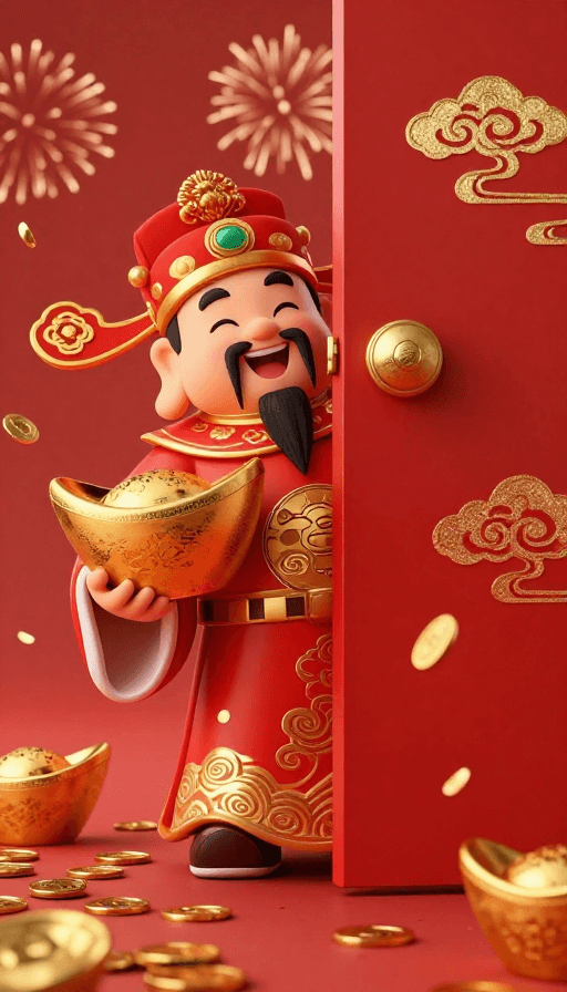 财神爷素材：超真实财神迎祥：柔光金元宝与新年庆典