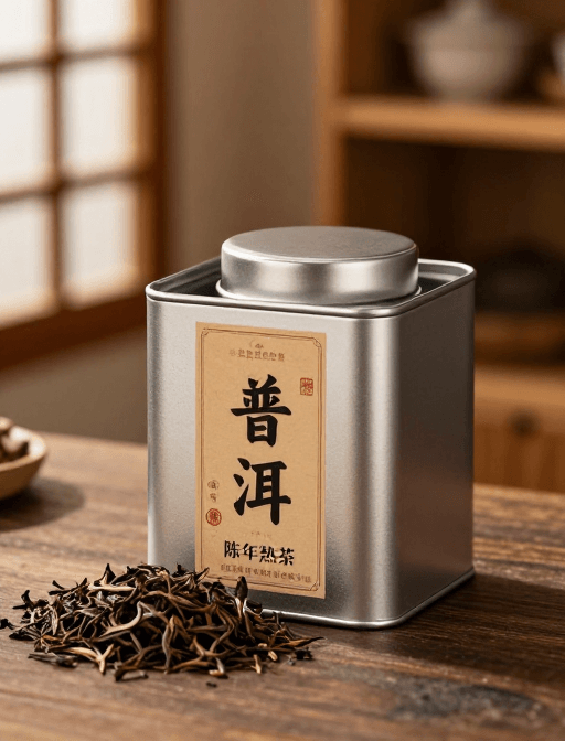普洱茶素材：陈年普洱金罐静置暖光摄影