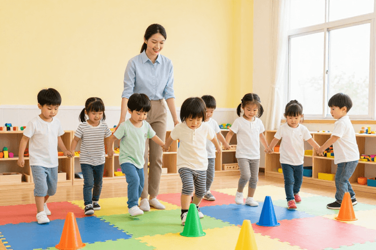 儿童活动素材：温馨早教活动：教师带领幼儿趣味障碍跑
