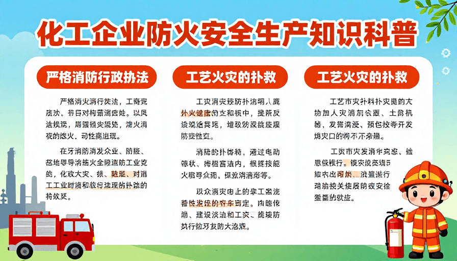知识可视化素材：化工企业防火安全生产科普海报：橙红蓝绿工业风设计