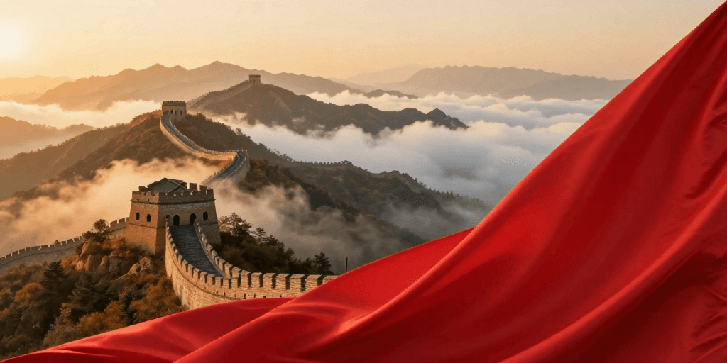 庆典背景素材：金辉晨曦下的万里长城与红旗