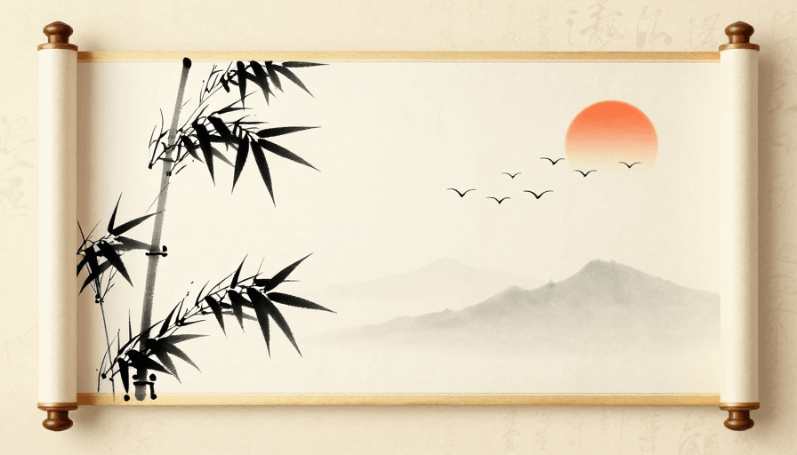 传统美学素材：古风卷轴背景设计：墨竹落日与宣纸意境