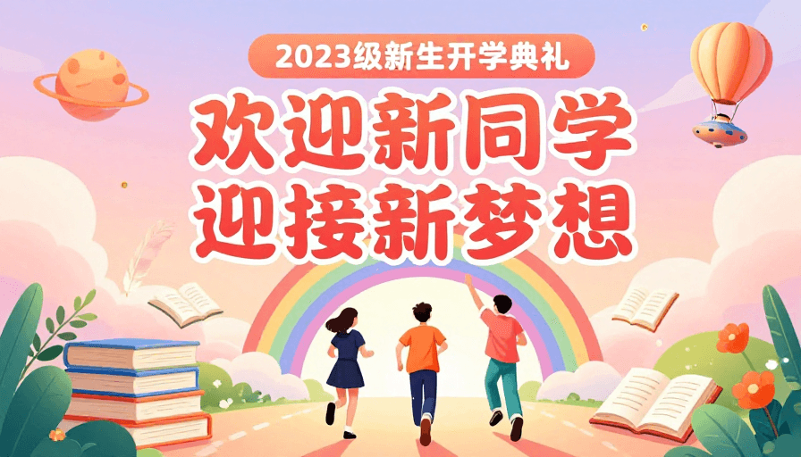 梦幻风格素材：梦幻启程：2023级新生开学典礼插画海报