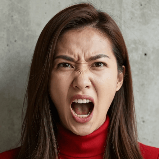 面部特写素材：怒发冲冠：亚洲女性嘶吼表情特写