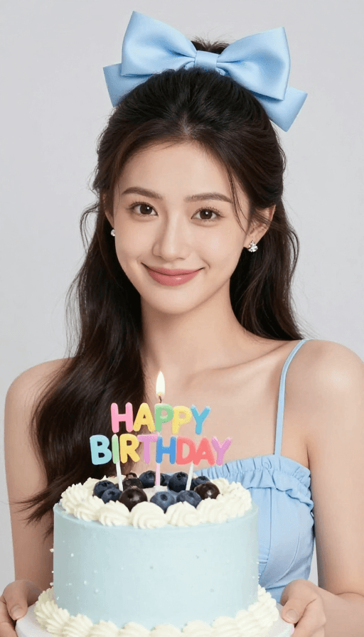 浅蓝色调素材：清新甜美生日写真：浅蓝少女与梦幻蛋糕
