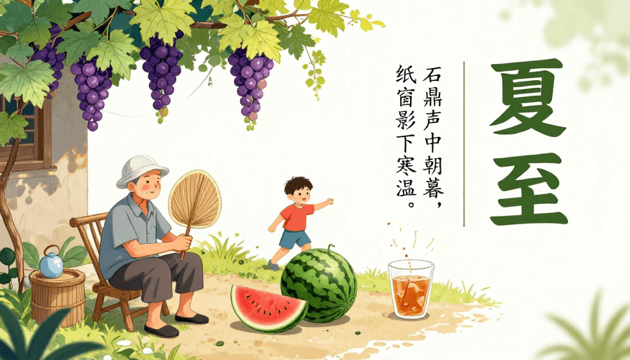 夏至素材：夏日清凉：古风插画夏至诗意庭院