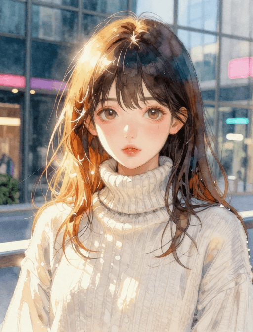 社交媒体头像素材：琥珀光影下的水彩少女：霓虹背景下的时尚半身像