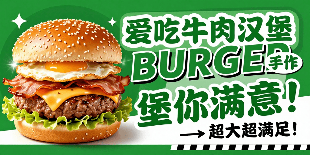 快餐广告素材：绿色美食诱惑：手作牛肉汉堡街头潮流海报