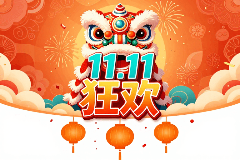 立体文字设计素材：国风舞狮迎十一 暖橙青绿喜庆促销