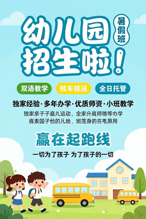 卡通插画素材：童趣蓝绿系幼儿园暑假班招生宣传