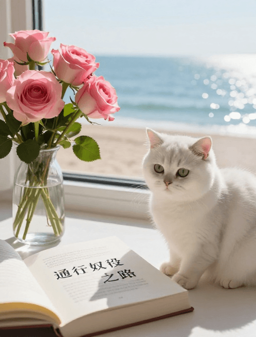 晨光素材：晨光书海：温柔猫咪与玫瑰的治愈角落