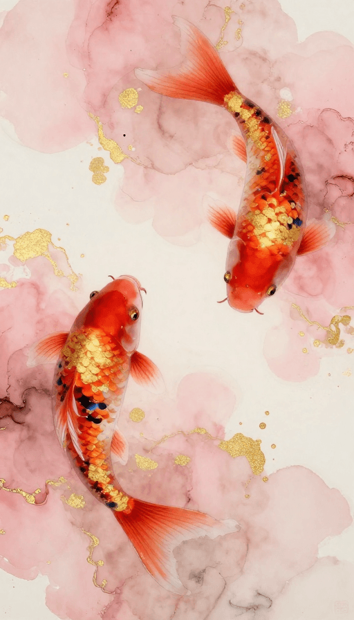 金箔岩彩素材：金箔岩彩双锦鲤：浪漫印象派古风艺术