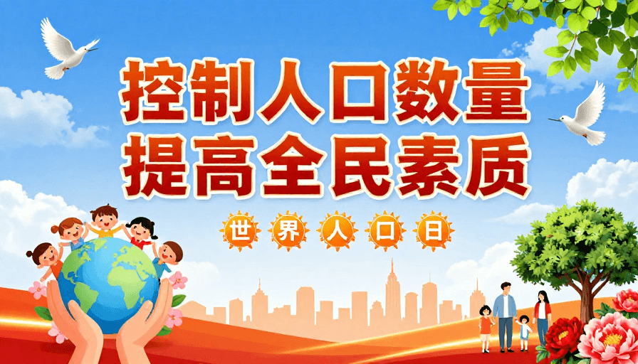 暖色调插画素材：世界人口日公益海报：控制人口提升素质
