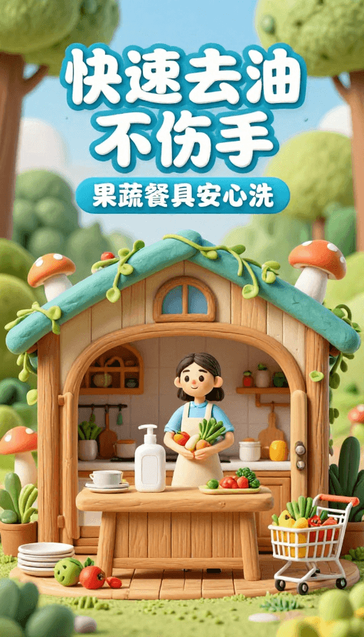 卡通插画素材：卡通清新田园风：快速去油洗洁精安心使用