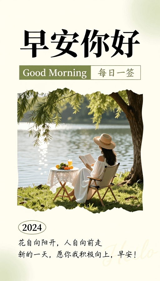 早安问候素材：早安你好 清新湖畔晨间插画海报