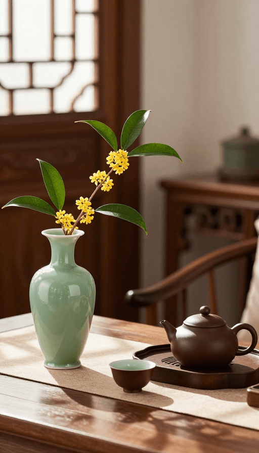 光影效果素材：静谧禅意：中式茶席光影特写