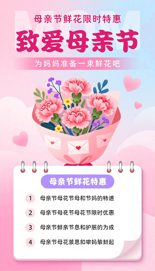 扁平化风格素材：温馨母亲节鲜花插画海报：限时特惠为妈妈献礼
