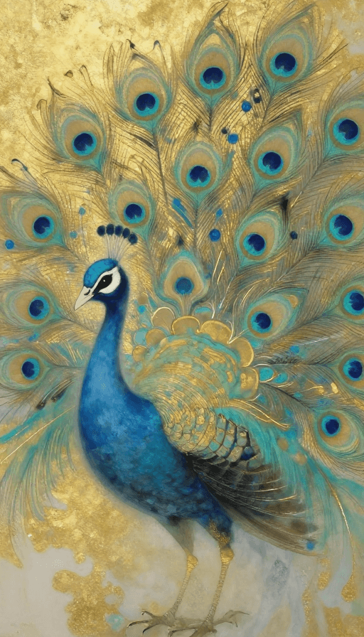 纹理细节素材：金粉晕染孔雀开屏：水墨岩彩风羽毛扇特写