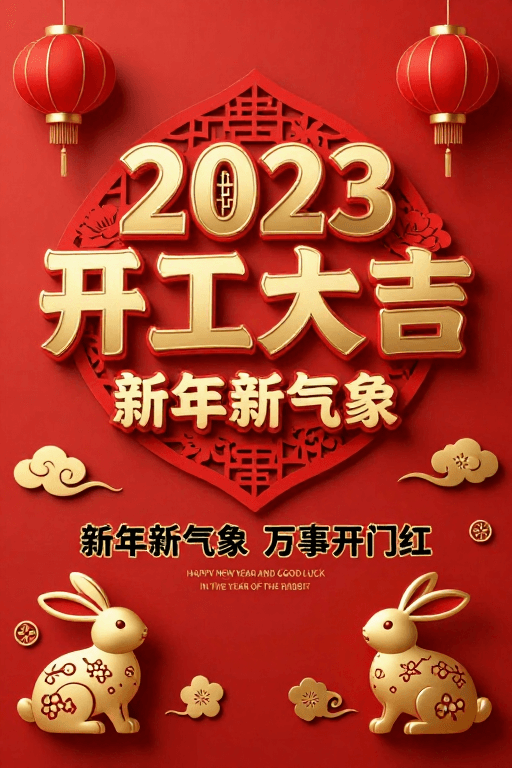 企业海报素材：2023新年开工：红金中国风喜庆海报