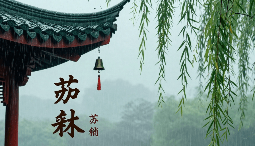 低饱和度素材：江南雨景中的青瓦飞檐与风铃诗意