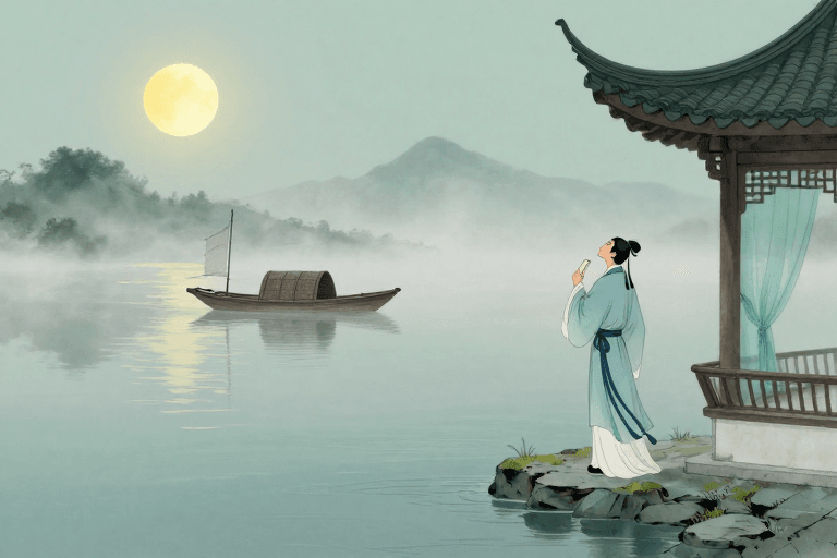水墨国风素材：月照青霜：古风文士舟影