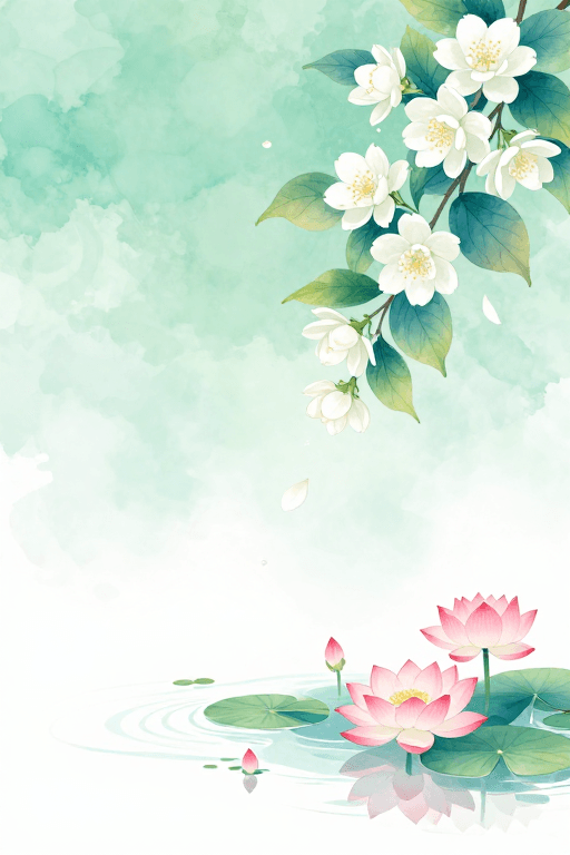 中国风水墨素材：青韵茉莉·静谧水景水墨意境