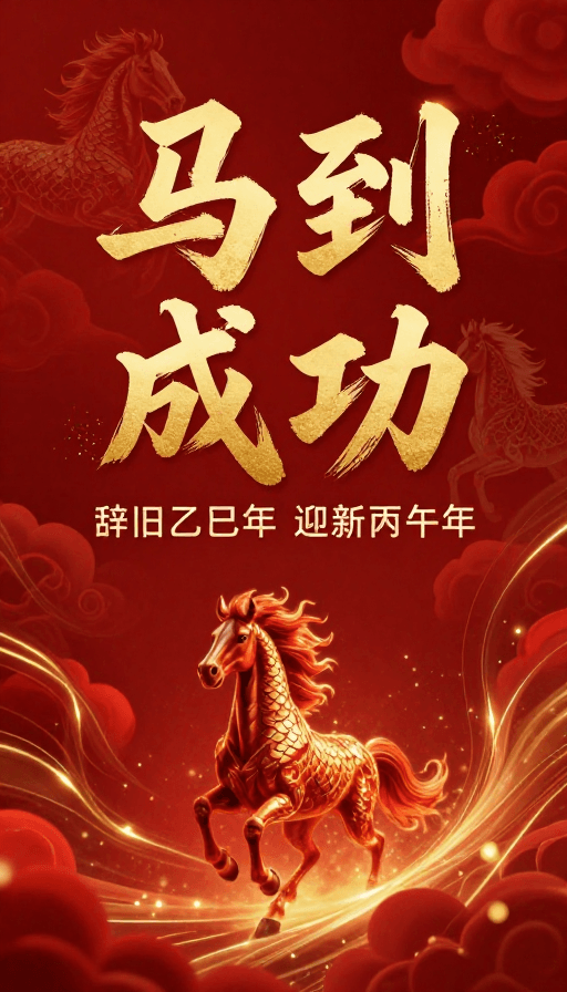 中国新年素材：中国风新年喜庆海报，深红金配色骏马奔腾